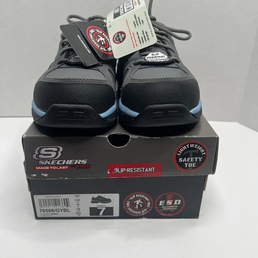 Skechers Work Conroe Kriel Women's 7 Steel Toe Slip Resistant Gray Blue New